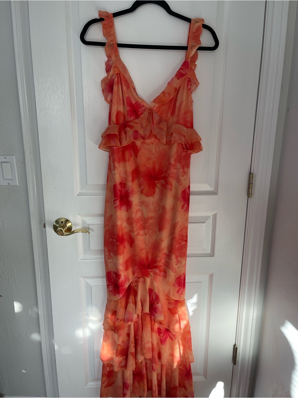 Floral Ruffle Maxi Dress in Coral and Pink